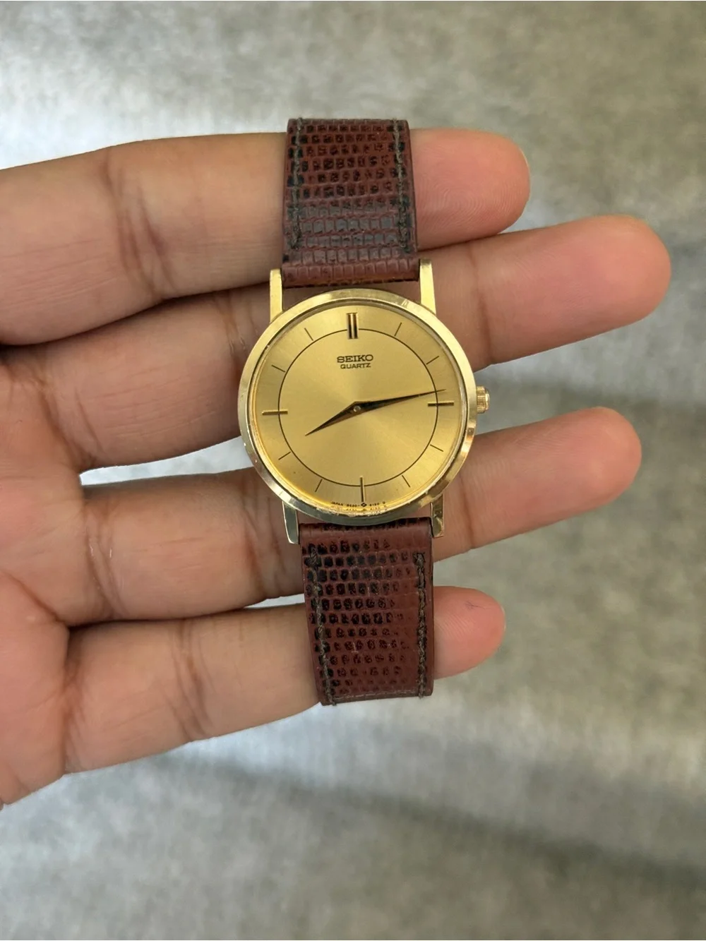 Seiko vintage men’s Gold Dial Watch with Brown Leather Strap
